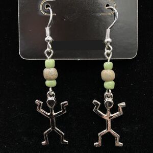 Stick Figure Men with Green & Beige Glass Bead Earrings by Neanie-Bot